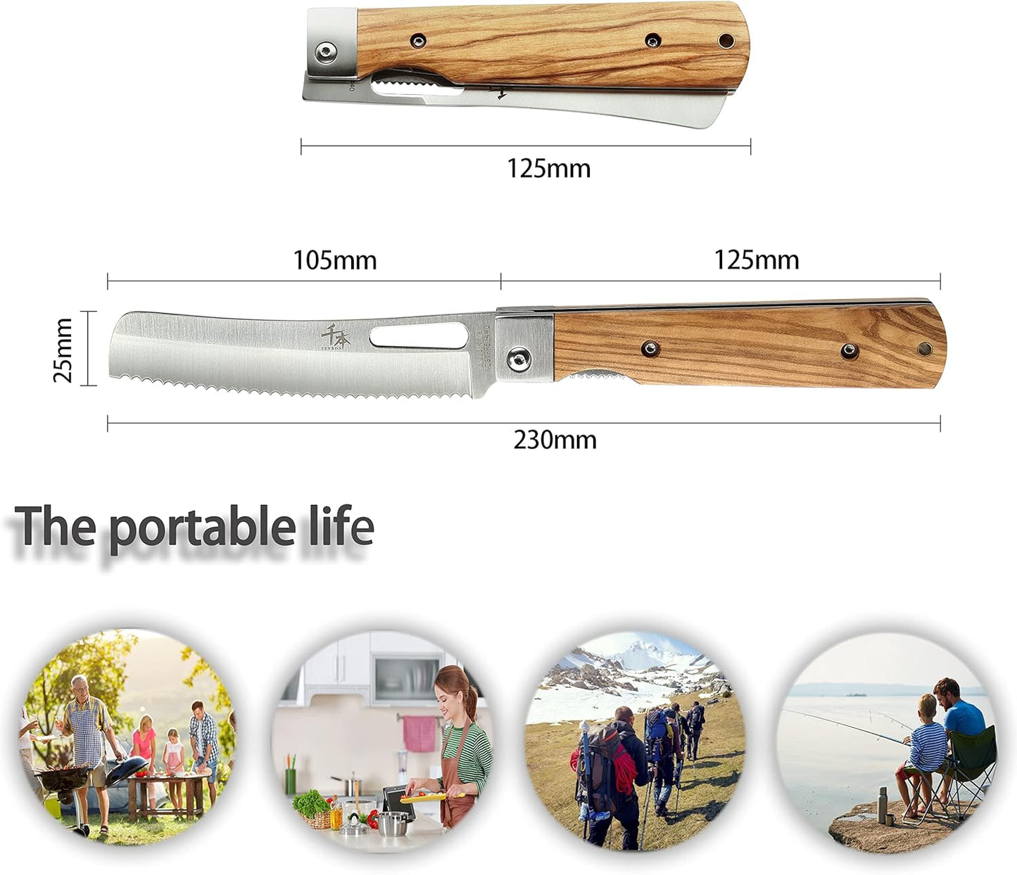 SENBON 440A stainless steel Gift wrapped 4 piece set sharp pocket folding Japanese chef knife universal peeling knife bread knife set portable kitchen knives with natural olive handle