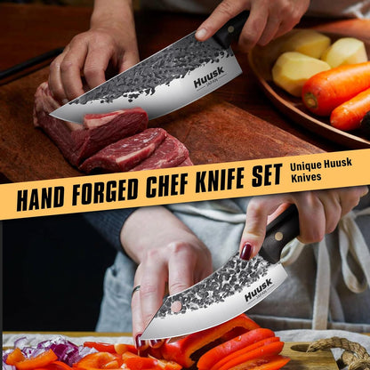 Huusk Hand Forged Chef Knife Set, High Carbon Steel Butcher Knife Set, Japanese Kitchen Knives for Home, Outdoor BBQ Camping Cooking, Gift Idea for Men