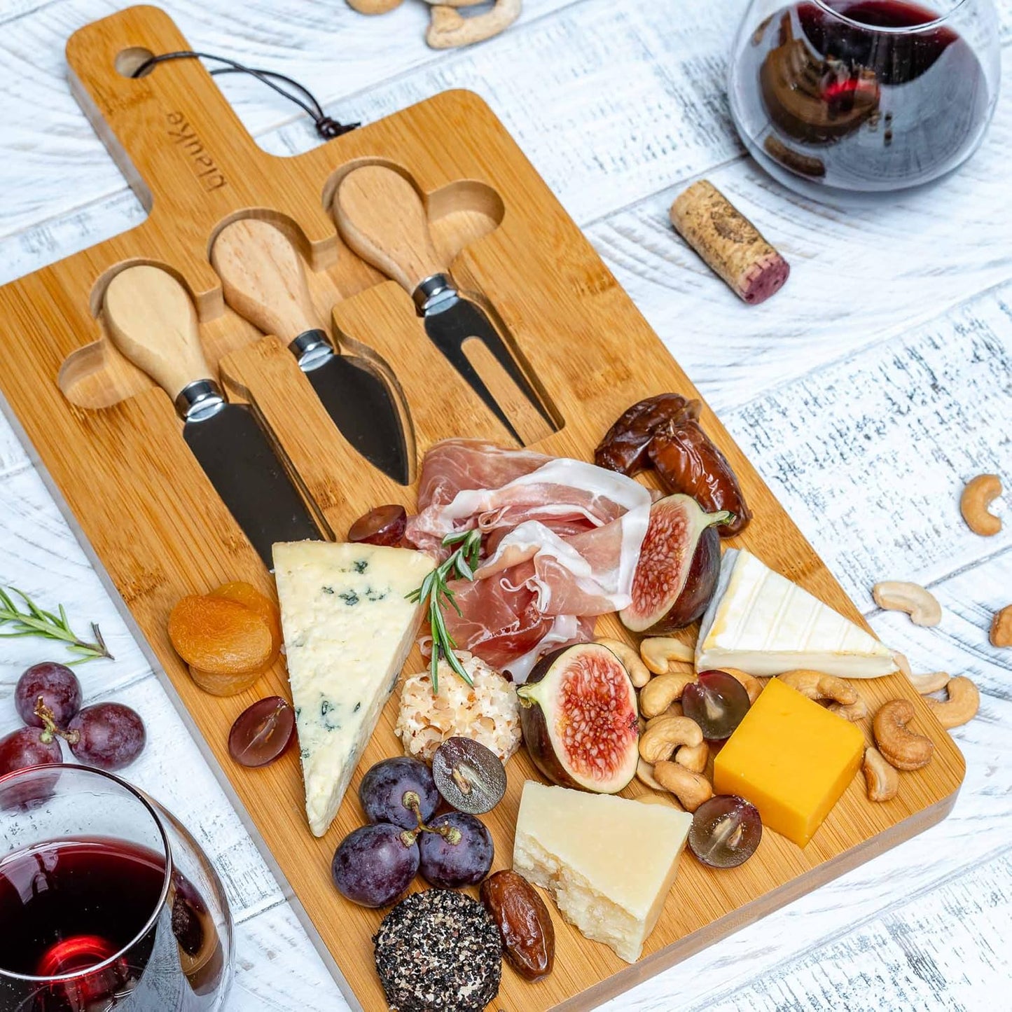 Bamboo Cheese Board and Knife Set 14x11 inch – Wood Cheese Cutting Board, Serving Tray Platter, Charcuterie Board Set with 4 Cheese Knives – BlauKe®
