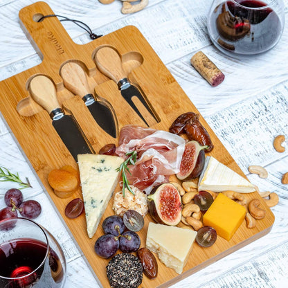 Bamboo Cheese Board and Knife Set 14x11 inch – Wood Cheese Cutting Board, Serving Tray Platter, Charcuterie Board Set with 4 Cheese Knives – BlauKe®