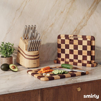 SMIRLY Wooden Cutting Boards for Kitchen, Double-Sided Cutting Board with Handle, Heavy Duty Solid Acacia Wood Cutting Board Set with Stand, 3 Pcs Cutting Boards Non Toxic for Meat Vegetable Fruit