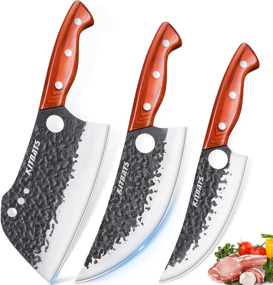 3PCS Hand Forged butcher knife Razor Sharp knife set Serbian Chef Knife Meat Cleaver Boning Knife Kitchen knife Set for Meat Cutting Cooking BBQ Gift for Men Women