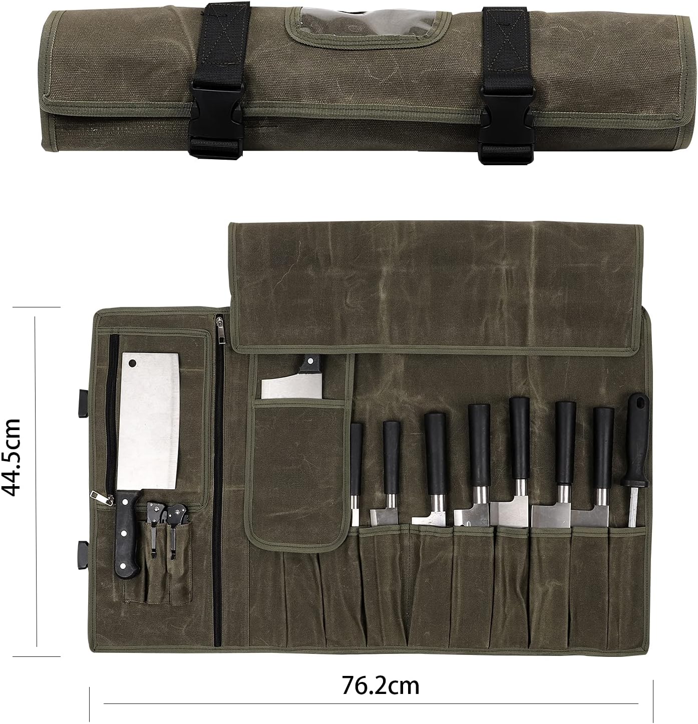 HERSENT Waxed Canvas Chef’s Knife Roll Bag,Army Green Knife Wrap,Portable Knife Roll,Waterproof Pocket Knife Carrier,Durable 16oz Knife Case With Adjustable Shoulder Strap