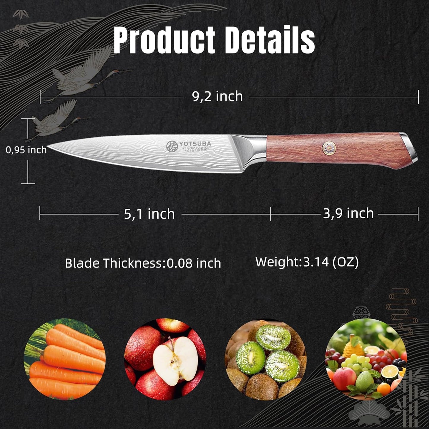 YOTSUBA 3 PCS Japanese Kitchen Knife Set, Razor Sharp High Carbon Stainless Steel Chef Knives with Ergonomic Natural Rosewood Handle, Premium Gift Box for Home & Restaurant Use