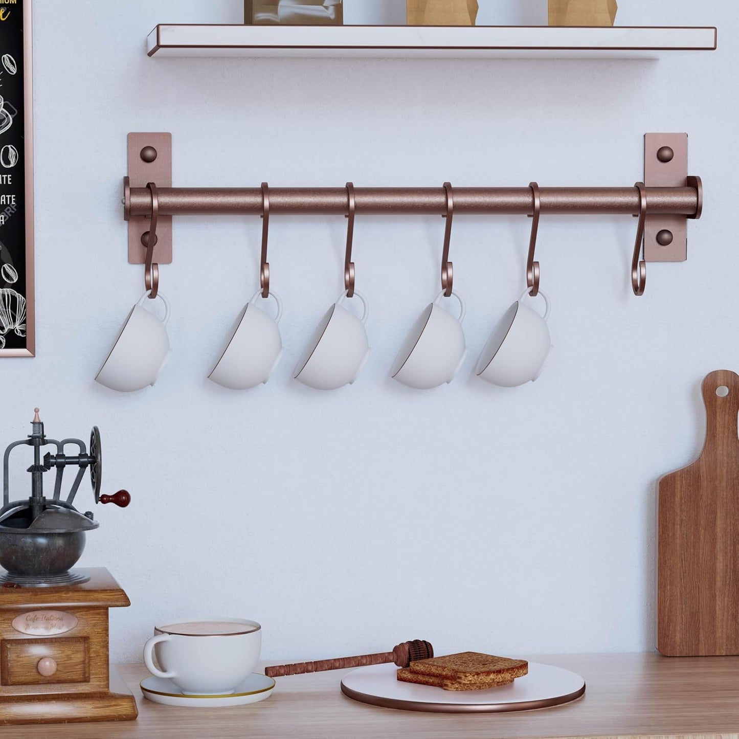 Dseap Kitchen Utensil Holder Hanger, Pot and Pan Rack Wall Mounted, Kitchen Rail with 8 Hooks for Hanging Cooking Utensils, Mugs, Spoons, Wall Mounted, Silver