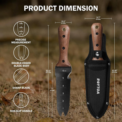 ROYTOA Hori Hori Garden Knife, Garden Tools with Sheath for Weeding,Planting,Digging, 7" Stainless Steel Blade with Cutting Edge, Full-Tang Wood Handle with Hanging Hole