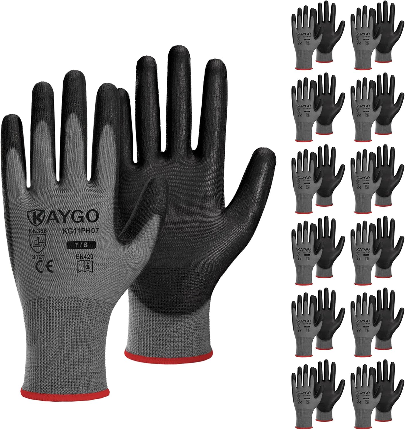 KAYGO Work Gloves for Men and Women,12 Pairs Seamless Knit PU Coated Safety Gloves, with Smooth Grip on Palm and Fingers, Ideal for Light Warehouse, Manufacturing, Gardening, KG11P (M, Black)
