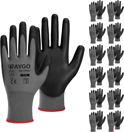 KAYGO Work Gloves for Men and Women,12 Pairs Seamless Knit PU Coated Safety Gloves, with Smooth Grip on Palm and Fingers, Ideal for Light Warehouse, Manufacturing, Gardening, KG11P (M, Black)