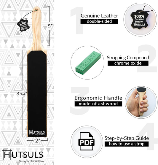 Hutsuls Double Sided Leather Strop Paddle Kit - Get Razor-Sharp Edges, Ergonomic Handle, Quality Honing Leather, and Step-by-Step Guide