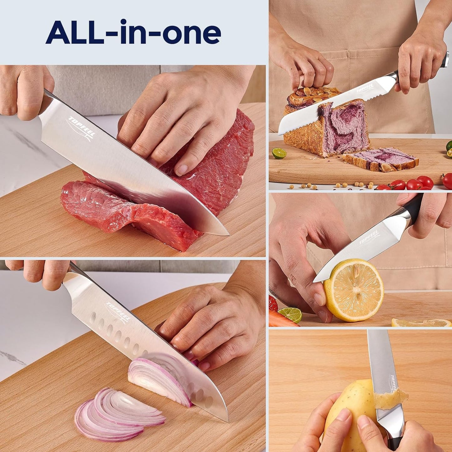 Topfeel 6Pcs Kitchen Knife Set with In-Drawer Bamboo Knife Organizer- 3.5-8 Inch Set Kitchen Knives German High Carbon Stainless Steel Sharp Knife, Knives Set for Kitchen with Ergonomic Handle