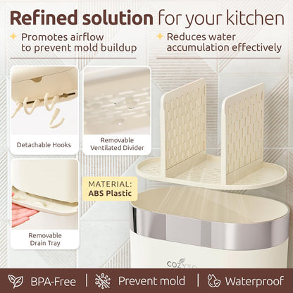 COZYTO LuxTray U1-Pro Wall Mounted Utensil Holder – Kitchen Organizer with Hooks, Dividers & Drain Tray, No-Drill Adhesive Wall Mount Storage, BPA-Free (Cream White & Shiny Silver)