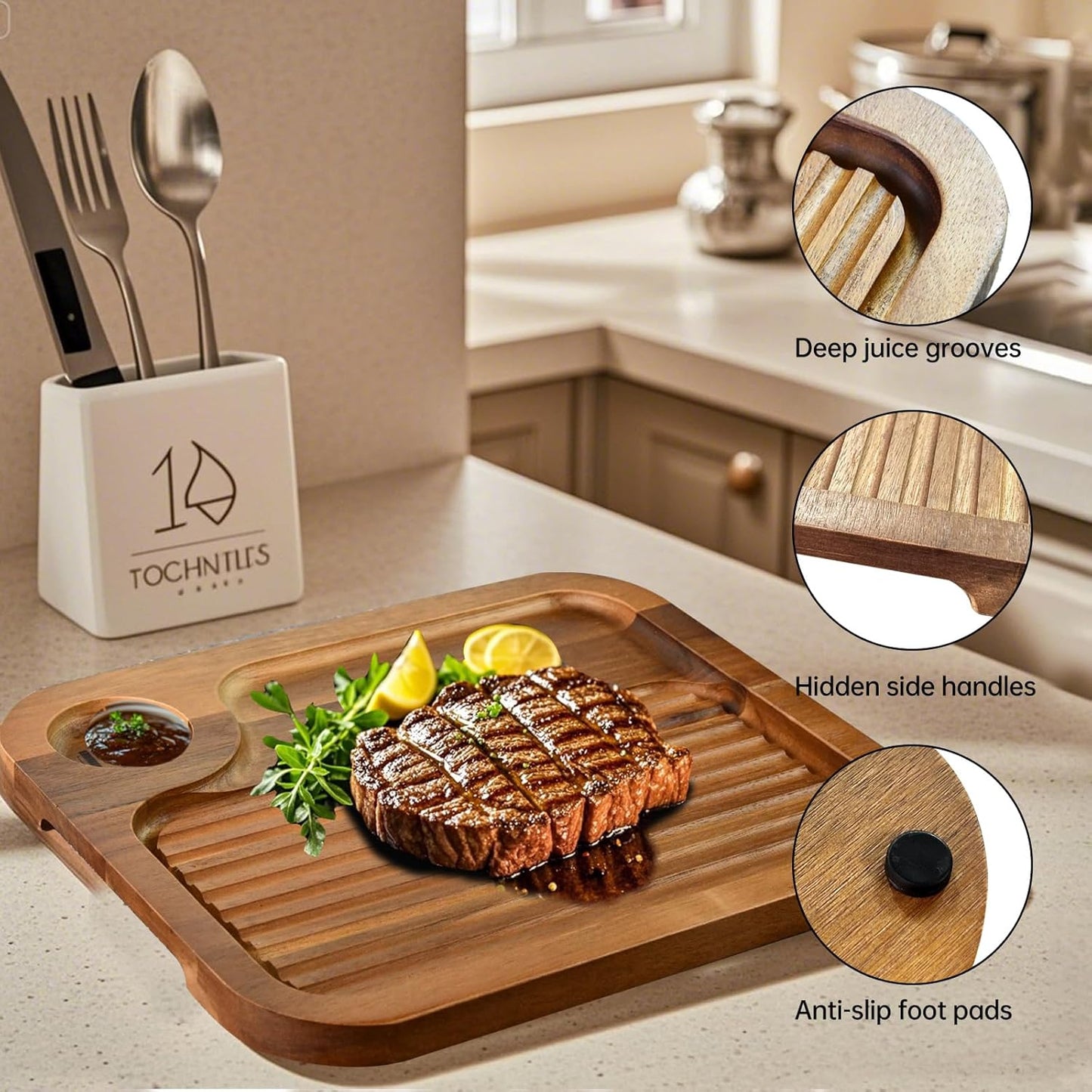 Acacia Wood Steak Plates,Carnivore Cutting Board for Eating, Carved Meat Wooden Plate, Food Serving Tray,Cheese Charcuterie Board with Deep Grooves & Hidden Handles