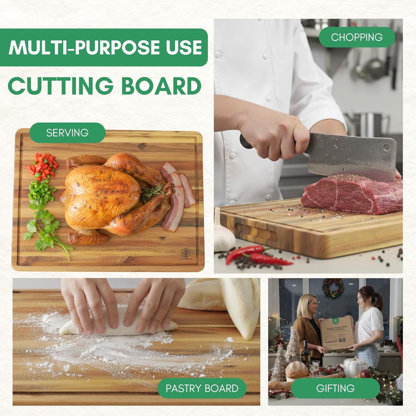 End Grain Acacia Wood Cutting Boards for Kitchen, 1.5 in Thick Butcher Block Construction for Stability, 15 x 10 in Medium Cutting Boards with Gift Box, Juice Groove and Handle