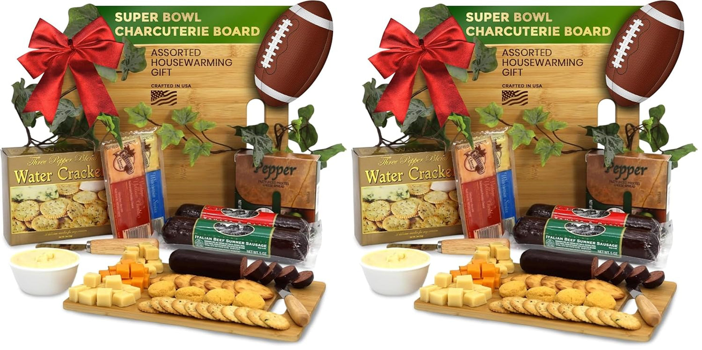 Gift Basket Village Charcuterie Board Gift Set – Bamboo Cutting Board, Three-Pepper Crackers, Italian Sausage, Wisconsin Cheese, Cheese Spread, and Knife – Wedding or Housewarming Gift