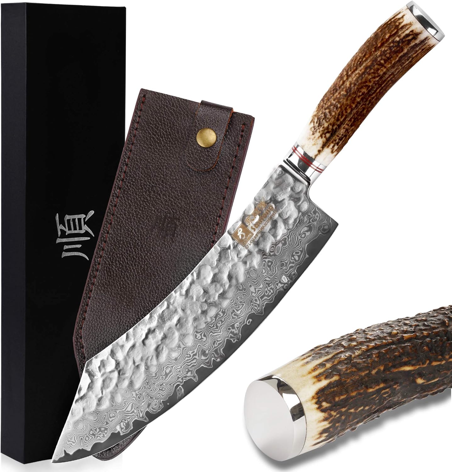 SUNLONG Usuba & Nakiri Knife 6.5 inch Fruit and Vegetable Knife Japanese Hammered Damascus Steel Super sharp - Natural Deer Horn Handle