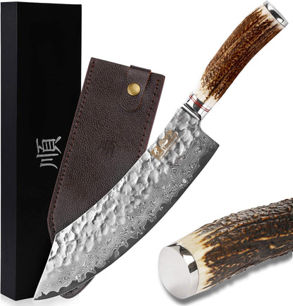SUNLONG Usuba & Nakiri Knife 6.5 inch Fruit and Vegetable Knife Japanese Hammered Damascus Steel Super sharp - Natural Deer Horn Handle