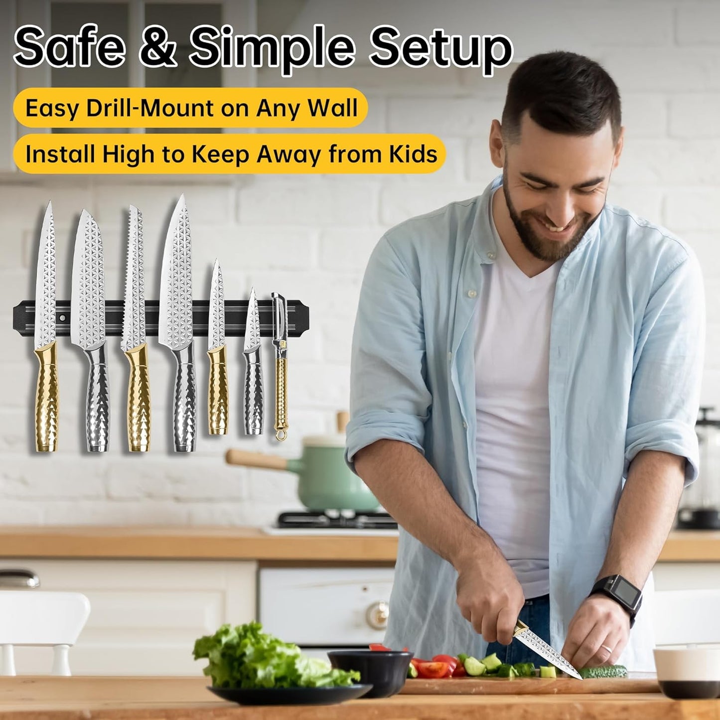 Kitchen Knife Set 14 Pcs with Magnet Holder, Strong Magnetic Knife Strip for Wall, Knives Block Set with Sheath, Chef Knives and Santoku Knives, Stainless Steel Blade, Dishwasher Safe -Silver