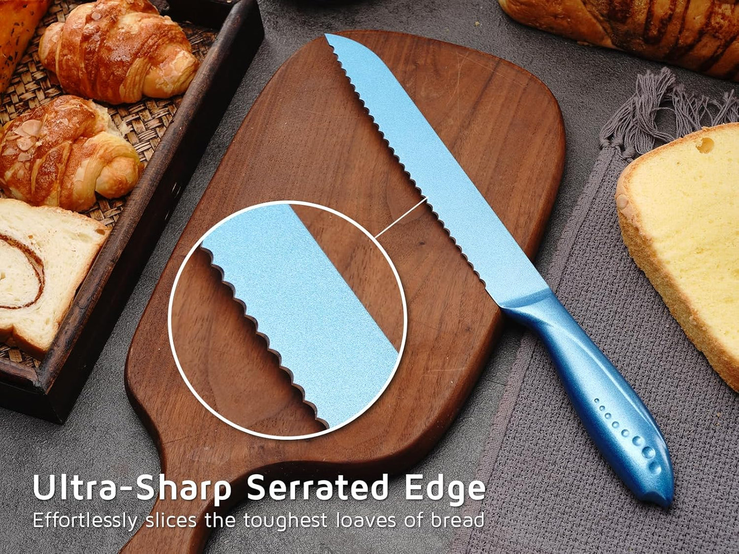 8 Inch Bread Knife, German High Carbon Stainless Steel Blade and Ergonomic Comfortable Handle, Non-Stick Bread Knife for Slicing Bread, Cake, Bagels-Blue