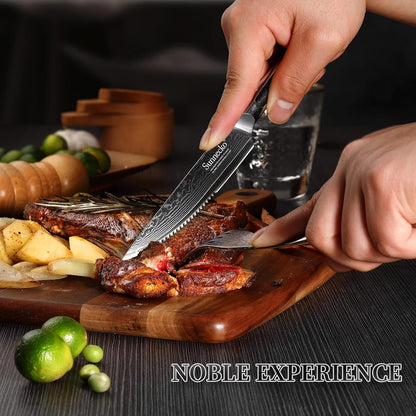 Sunnecko Damascus Steak Knife Set Non Serrated, Japanese VG10 Stainless Steel Steak Knife Set of 2, 5 Inch Steak Knives G10 Handle with Gift Box