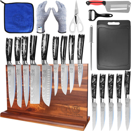 XYJ Kitchen Knife Block Set,Stainless Steel Knives Set with Magnetic Knife Block,Scissors,Gloves,Honing Steel,Japanese Style Paring Boning Steak Slicing Santoku Chef Knives,Resin Handle