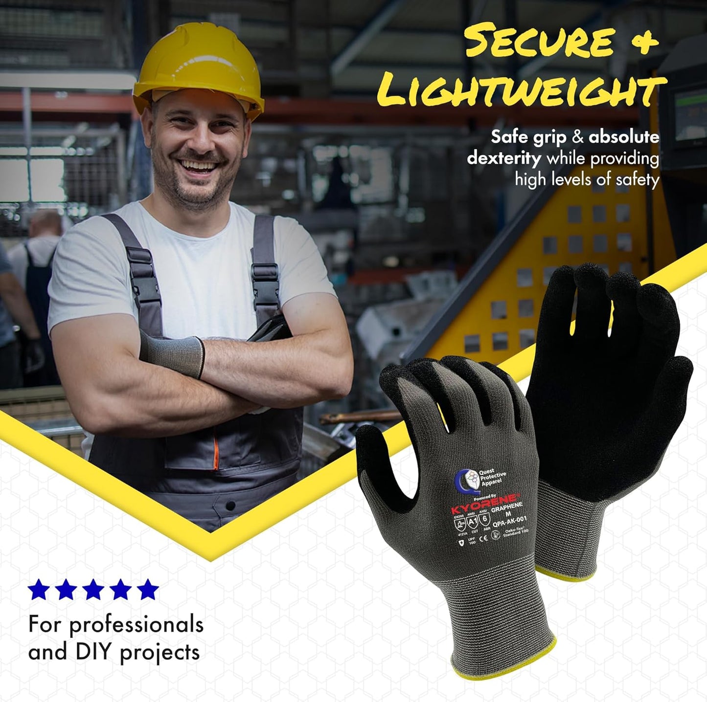 Quest Protective Apparel Cut Resistant Work Gloves (ANSI A1) – Lightweight Graphene Gloves for Gardening, DIY, Mechanical & General Handling – Breathable Grip Gloves for Men & Women – Large, Pack of 3