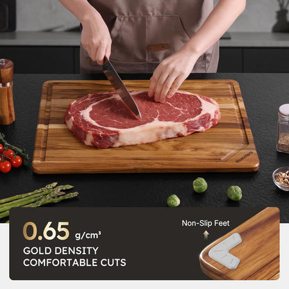 3 Pack Teak Wood Cutting Board Set for Kitchen Charcuterie Board Serving Heavy Duty Non Toxic Slip Hardwood Over Sink Solid Thick Haus Wooden Chopping Board Large Big Small Meat Best Essential Gift