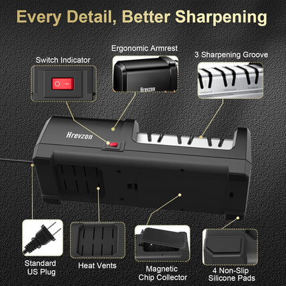 Knife Sharpener Electric for Kitchen Knives, with 100% Diamond Abrasives and Precision Angle Guides, 3-Stage Professional Automatic Quickly Sharpening/Polishing, Black/Orange