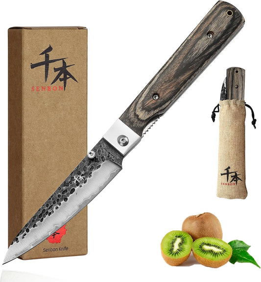 SENBON 440A Forged Stainless Steel Sharp Folding Chef Knife Peeling Utility Fruit Knife Colorful Wood Handle Camping Barbecue Outdoor Portable Fruit Knife