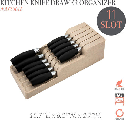 Kitchen Details 2 Tier Knife Drawer Organizer | Holds 11 Knives | Utensil Holder | Knife Block | Storage & Organization | Space Saver | Natural