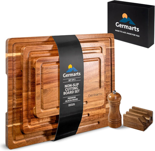 Wooden Cutting Board Set of 3 Acacia Wooden Cutting Boards for Kitchen Design with Holder to Home Decor, Kitchen Gadgets for Cooking, Serving, Camping and Charcuterie Boards, Includes Grinder