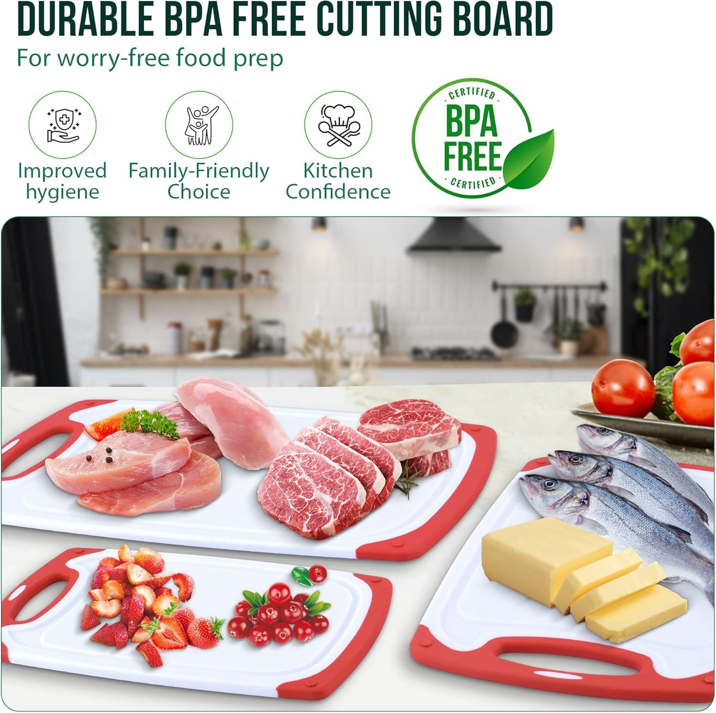 Plastic Cutting Boards for Kitchen, with Grips – Set of 3 Dishwasher-Safe, Non Slip Cutting Board with Juice Groove – Thick, Durable Cutting Boards for Meat and Vegetables by My Prime Kitchen, Red