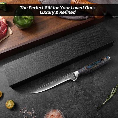 Damascus Boning Knife, 6-Inch Boning Knives with 9Cr18MoV Steel Core, Japanese Kitchen Boning Knife with Durable Wood Handle, Razor Sharp Fish Knives for Meat Fish Cutting with Gift Box