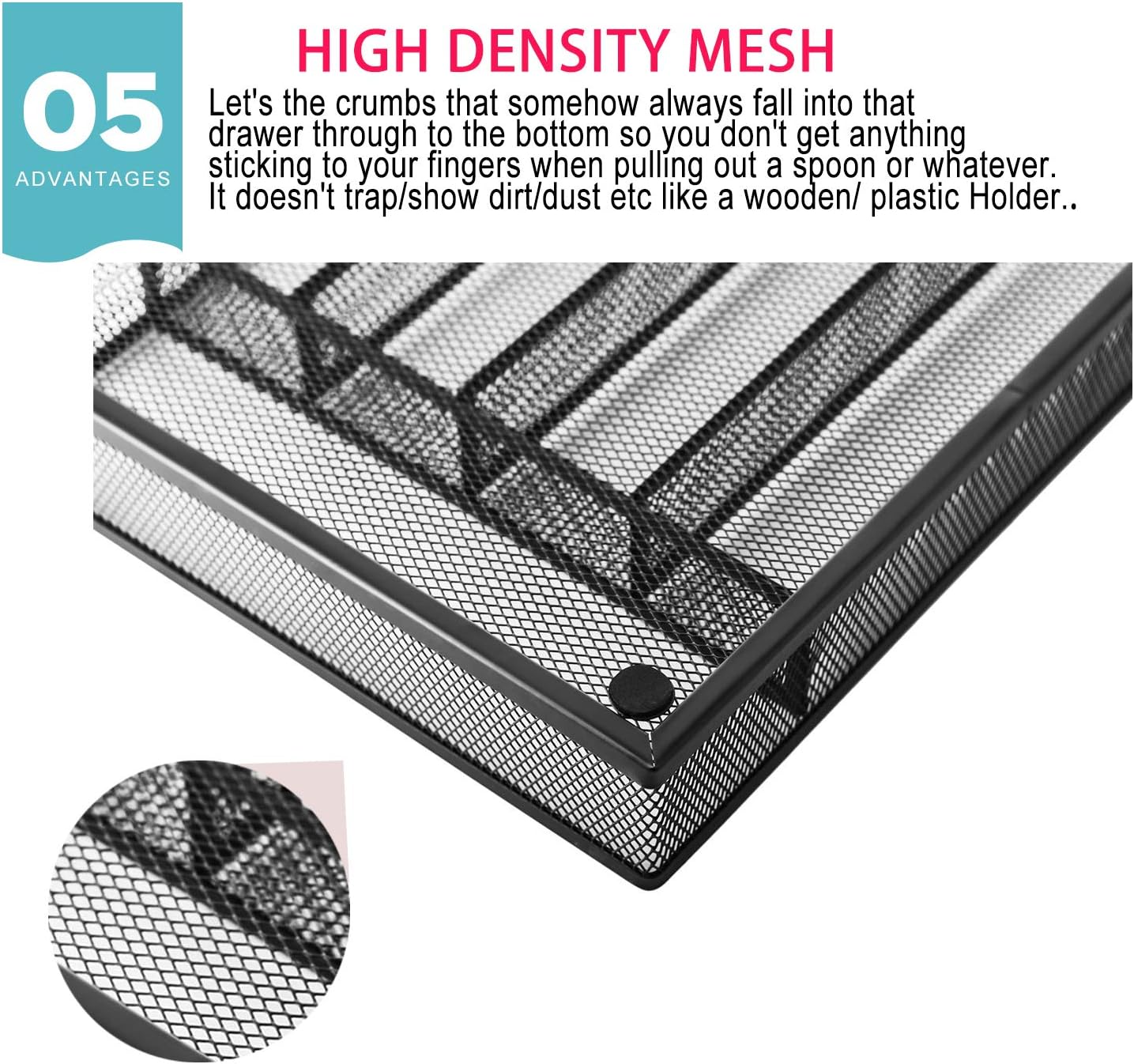 JANE EYRE Drawer Organizer, Cutlery Tray Silverware Flatware Storage Divider for Kitchen, Mesh Wire with Non-slip Foam Feet, 5 Component, Silver