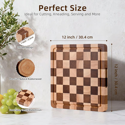 Checkered Cutting Board for Kitchen - Solid Wood End Grain Checkerboard Chopping Board with Handle & Juice Groove, Double Sided for Cooking, Serving and Decor, Rectangular 16" x 12" x 1"