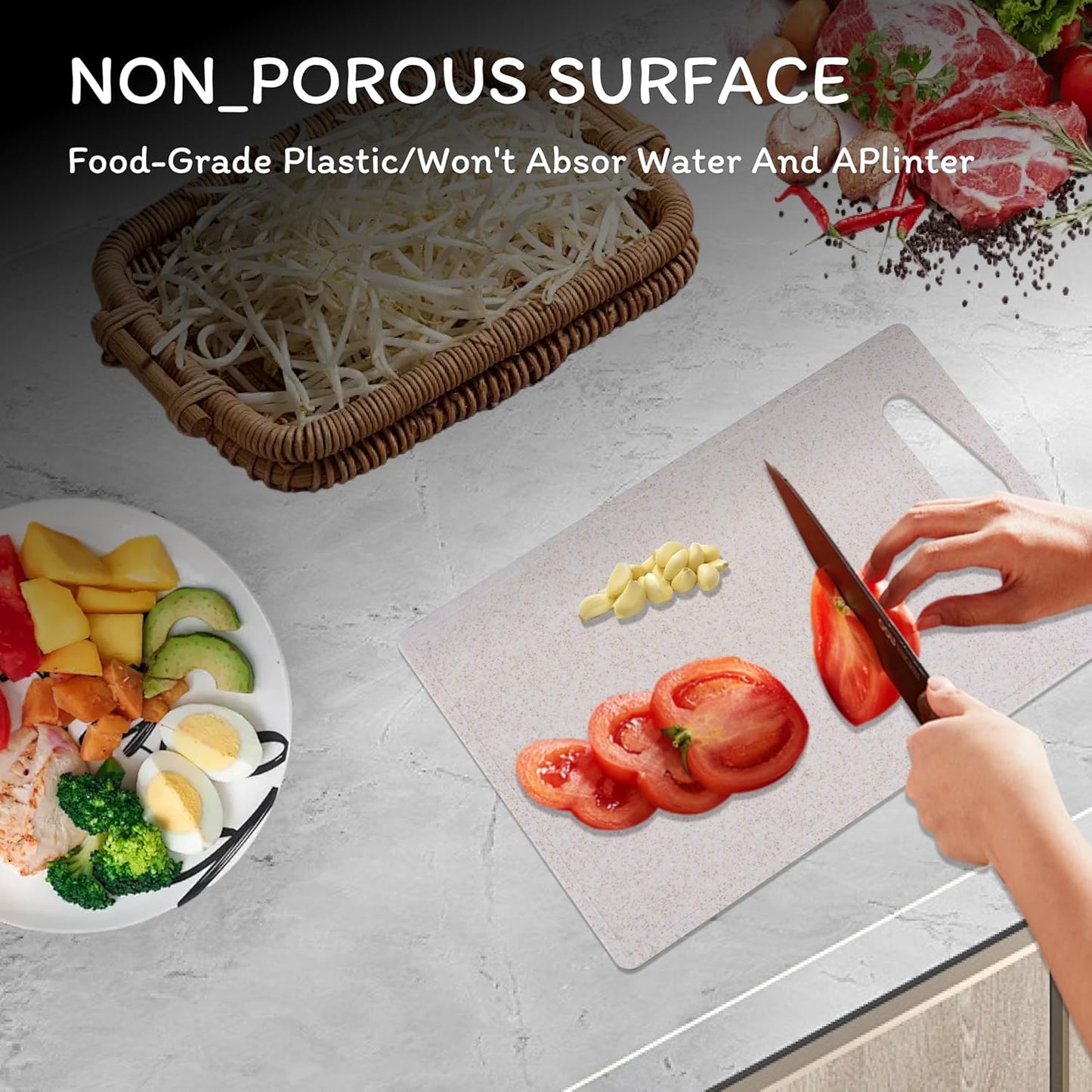 Cutting Board for Kitchen, Wheat Straw Fiber Cutting Board, Dish Washer Safe, w/Juice Grooves for Meat, Veggies, Easy Grip Handle, Non-slip Surface Eco-friendly Serveware Accessories （10‘x6.3’）