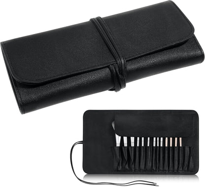 ULTECHNOVO Makeup Brush Case Travel, Makeup Brush Case Roll Up, Brush Holder Organizer Pouch Cosmetic Bag for Travel, Rolling Bag Storage Case PU Leather