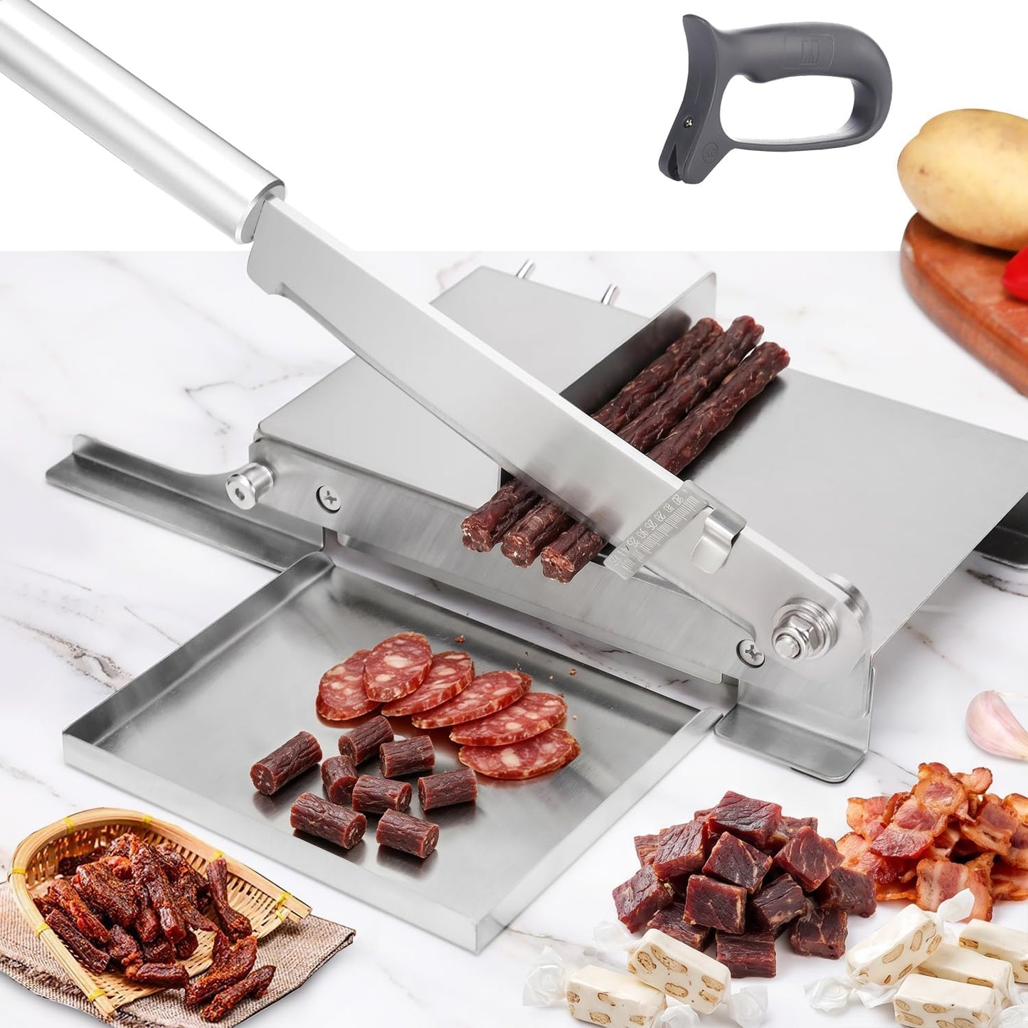 Biltong Slicer Manual Meat Chicken Cutter with Scale | Stainless Steel Cutting Machine Hand Herb Root Slicer for Salami, Ham, Bacon, Vegetables, Deli, Ginseng, Fish (KD0270)
