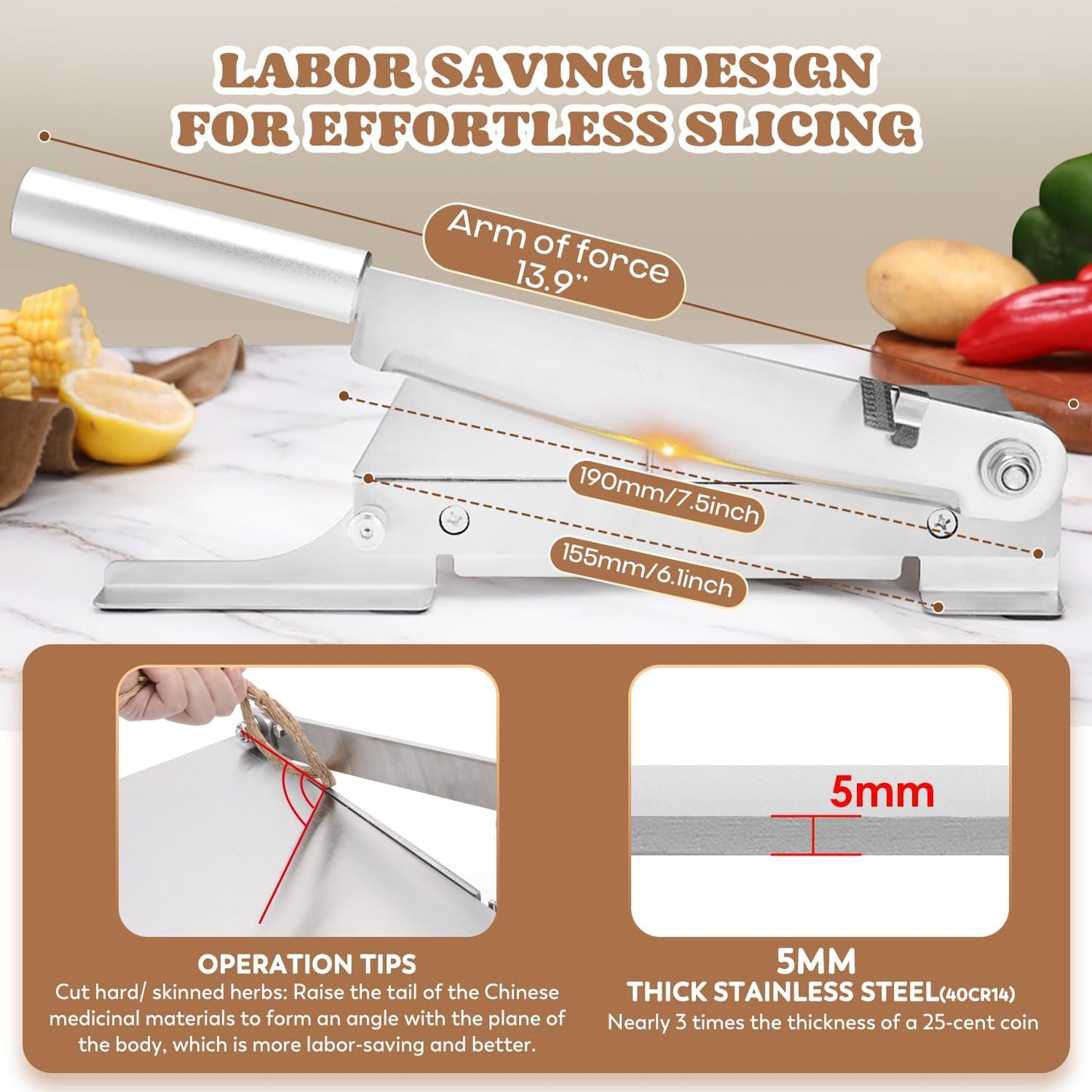 Biltong Slicer Manual Meat Chicken Cutter with Scale | Stainless Steel Cutting Machine Hand Herb Root Slicer for Salami, Ham, Bacon, Vegetables, Deli, Ginseng, Fish (KD0270)