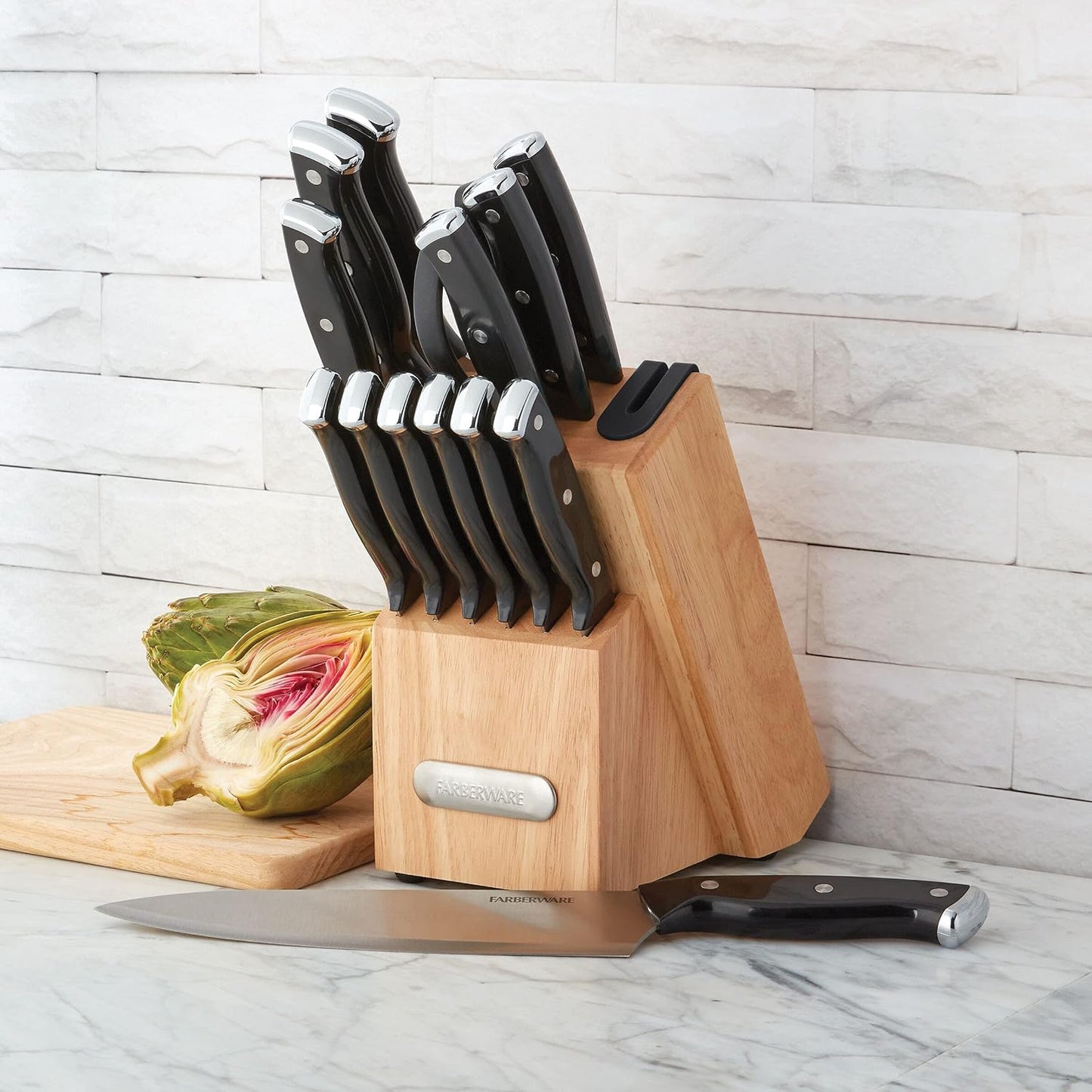Farberware Edgekeeper Triple Riveted Knife Block Set with Built in Sharpener, 14-Piece, White