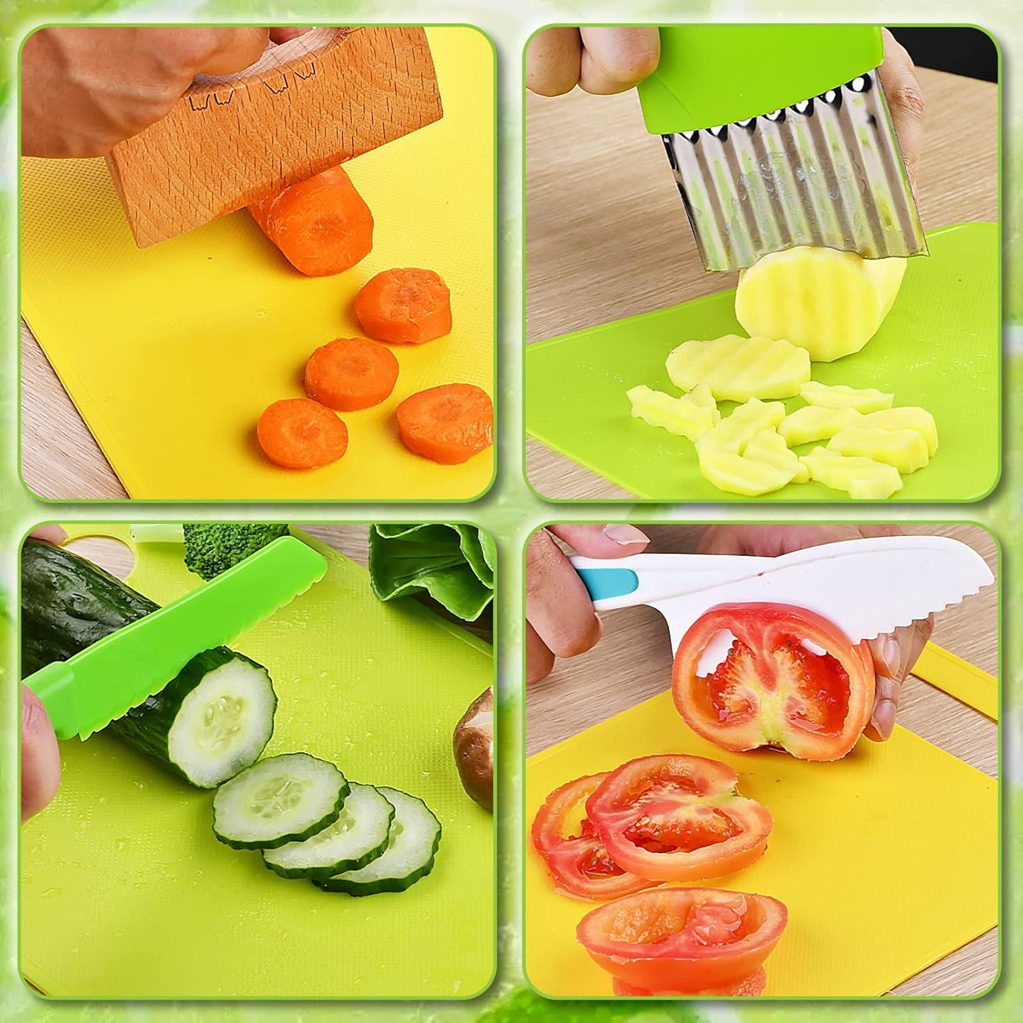 Hilsoeet 26PCS Kids Knives for Real Cooking, Wooden Kids Kitchen Knife Set Include 4 Serrated Edges Plastic Toddler Knives, Cutting Board, Y Peeler, Egg Beater, Toddler Food Picks and Cream Scraper