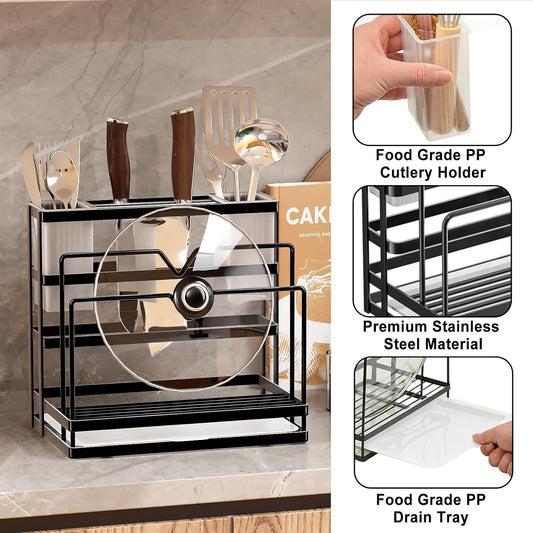 Universal Knife Block Holder, Kitchen Knife Holder Storage Organizer, Stainless Steel Cutting Board Rack Pot Pan Lid Holder for Countertop, Cabinet