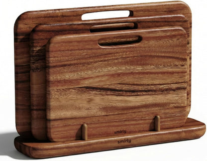 SMIRLY Wooden Cutting Boards for Kitchen, Double-Sided Cutting Board with Handle, Heavy Duty Solid Acacia Wood Cutting Board Set with Stand, 3 Pcs Cutting Boards Non Toxic for Meat Vegetable Fruit