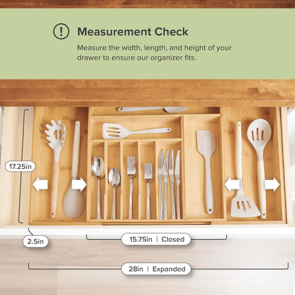 KitchenEdge Premium Silverware, Flatware and Utensil Organizer for Kitchen Drawers, Food-Safe Contract Grade, Expandable from 18 to 33 In, Natural Bamboo