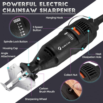 Electric Chainsaw Sharpener Kit 180W Power Chain Saw Sharpen Tool Set with 6 Diamond Sharpening Wheels, Angle Attachment, Wrench for Sharpening Outdoor Gardening Tool 5 Speed Setting, 8000~35000 RPM