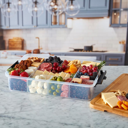 Farberware Build Snacklebox Serving Tray with Locking Bamboo Cutting Board Lid, Portable Storage Container with Compartments for Charcuterie, and More, Natural