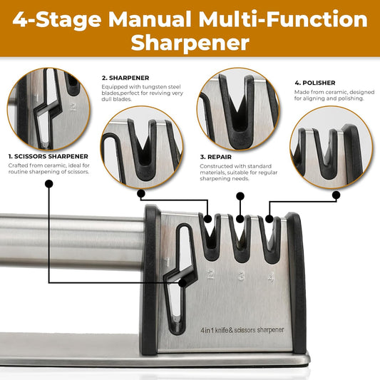 Knife Sharpener, 4 in 1 Manual Kitchen Knives & Scissors Sharpener – Diamond, Tungsten & Ceramic Blades, Ergonomic Non-Slip Knife Sharpening Kit, Compact, Easy & Safe to Use, Black