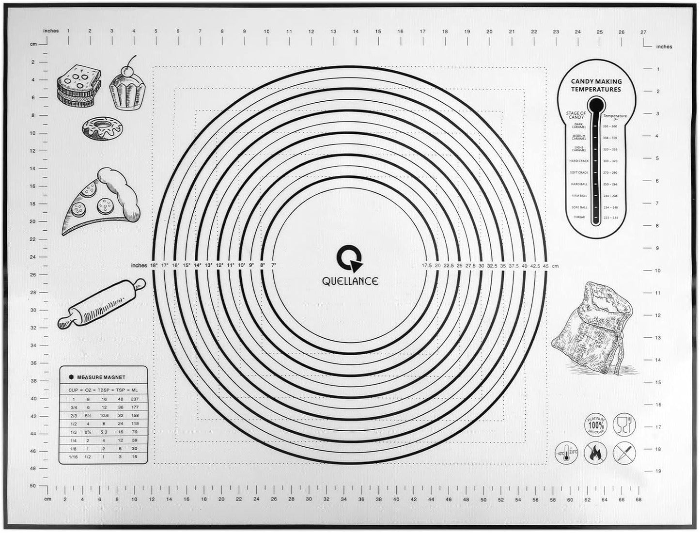 Silicone Pastry Baking Mat Dough - 16x24Inch Large Non Stick Slip Cookie Bread Rolling Mats Sheet, Kitchen Counter Kneading Cooking Board Pad Matt with Measurement for Pie Pizza Cookies Fondant Making
