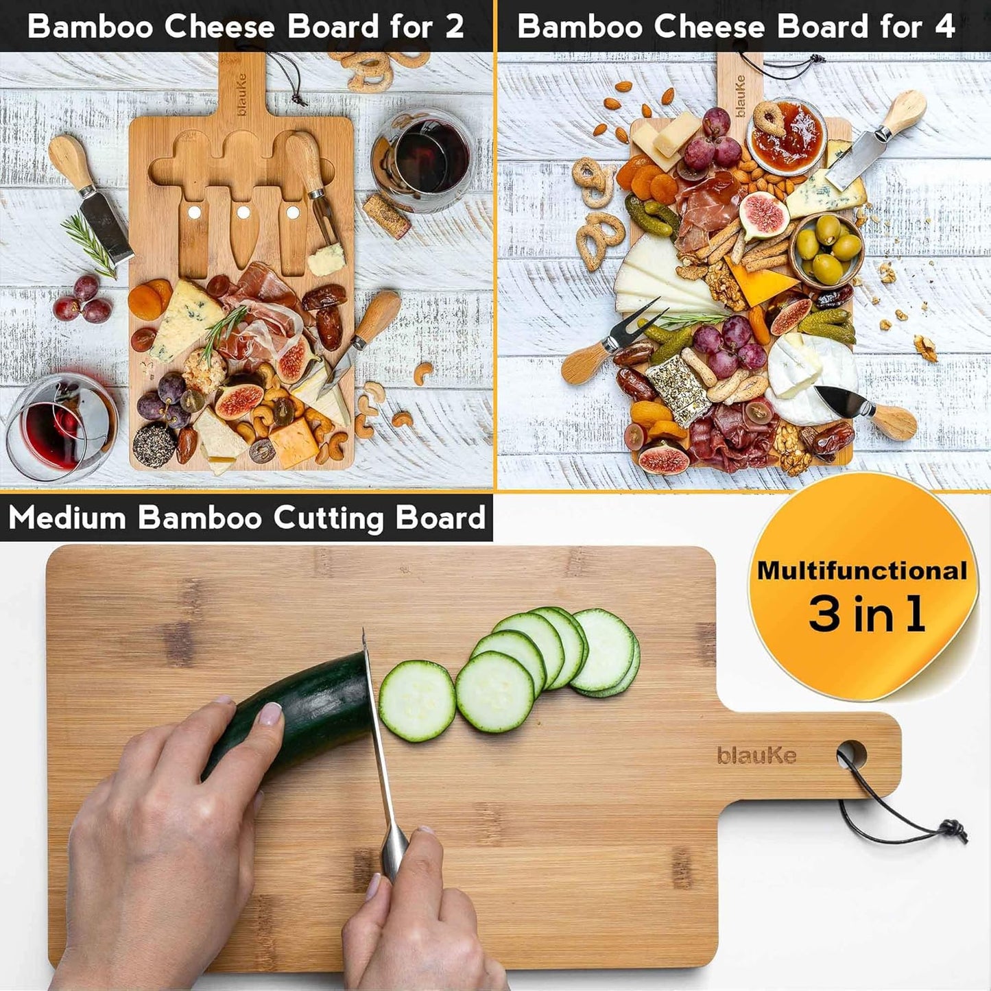 Bamboo Cheese Board and Knife Set 14x11 inch – Wood Cheese Cutting Board, Serving Tray Platter, Charcuterie Board Set with 4 Cheese Knives – BlauKe®