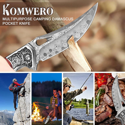 KOMWERO Damascus Pocket Knife for Men, VG10 Core Damascus Steel Folding Knife with Wood Handle, Ball Bearing, Thumb Hole, Liner Lock, Sheath for EDC Outdoor Survival Hunting