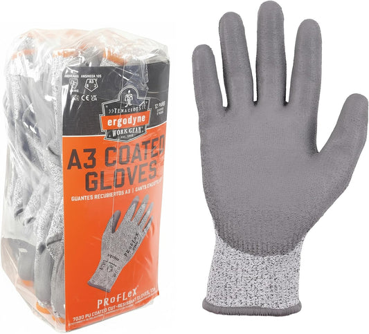 Ergodyne ProFlex 7030 Cut Resistant Work Gloves, ANSI A3, PU Coated Palms for Flexible No Slip Grip, Abrasion Resistant, 13g, 12-Pairs